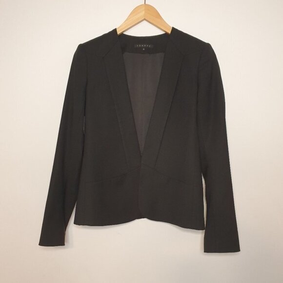 Theory Collarless Virgin Wool Open Front Black Blazer Size 00 - Picture 1 of 9